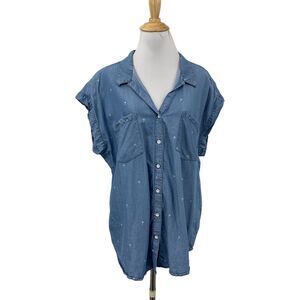 Jachs Girlfriend Shirt Women XL Blue Chambray Button Front Palm Trees Cap Sleeve